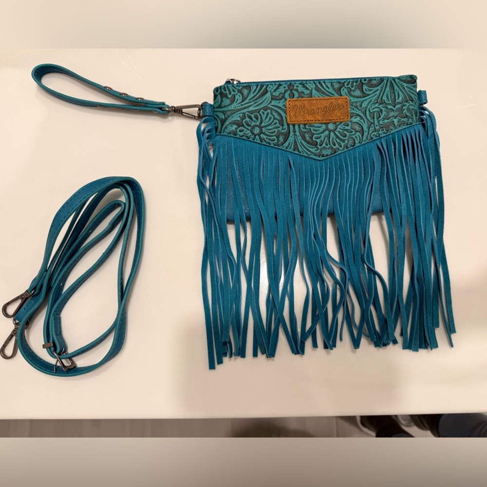 Wrangler Teal Fringe Crossbody/Wristlet Bag - Picture 2 of 10